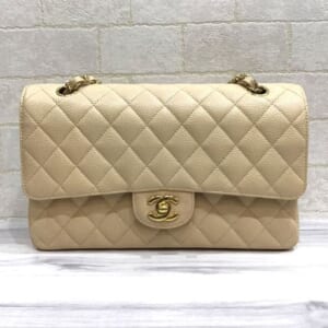 シャネル マトラッセ チェーンショルダーバッグ25 A01112 キャビアスキン ゴールド金具 ベージュ